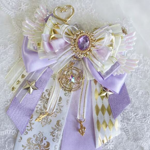 Anime Bow Ribbon Cosplay Decoration Bags, Backpacks - Purple/White Heart Clip